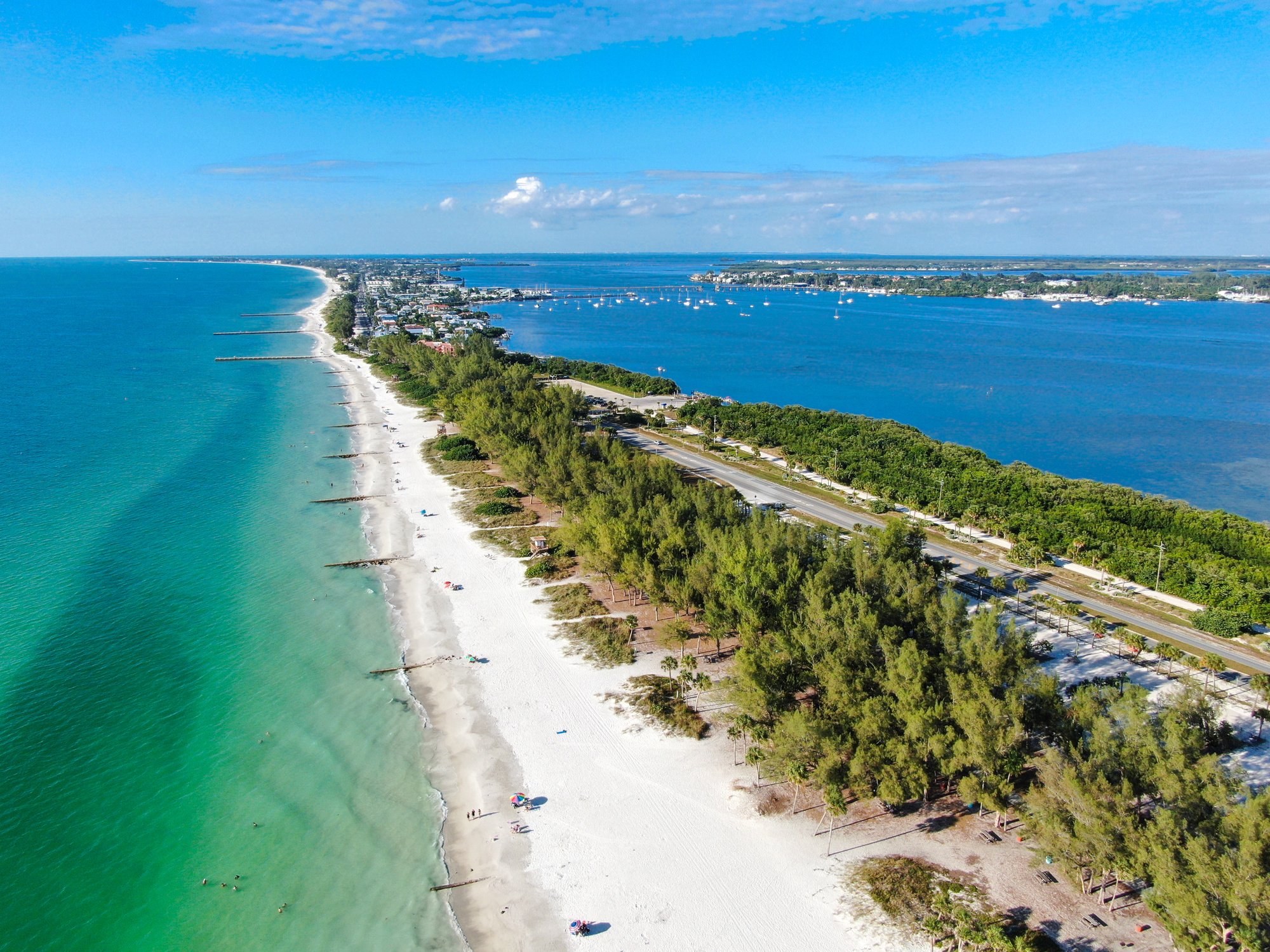 Aerial view of Anna Maria Island, white sand beaches and blue water